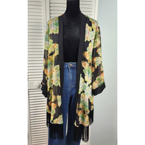 Lovposh Floral Kimono Medium Black Fringe